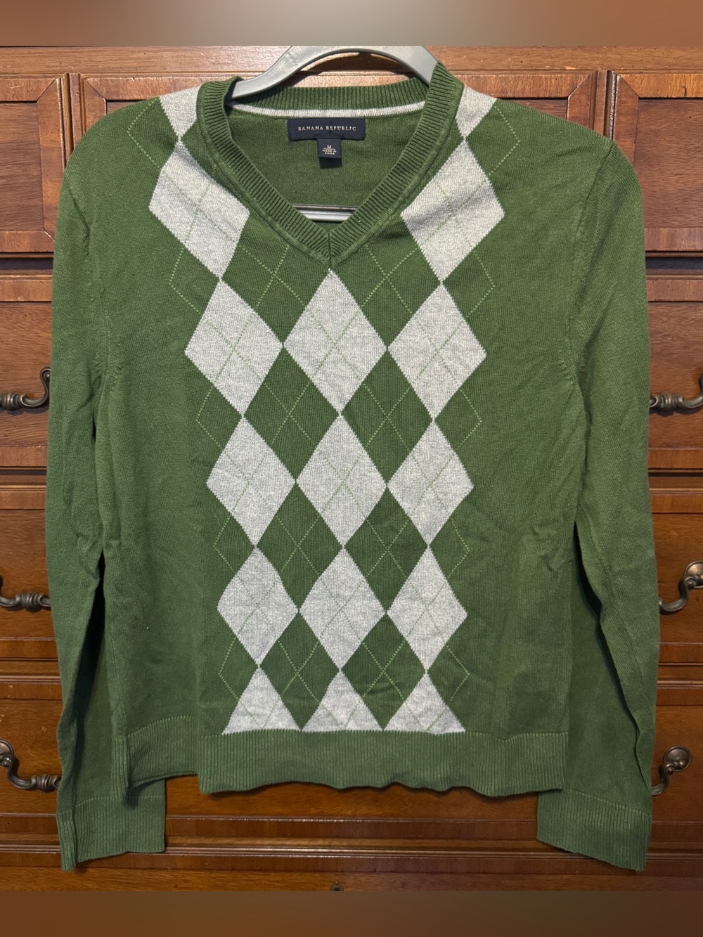 Banana Republic Silk Cashmere Argyle Sweater M Green Preppy Old Money Academia